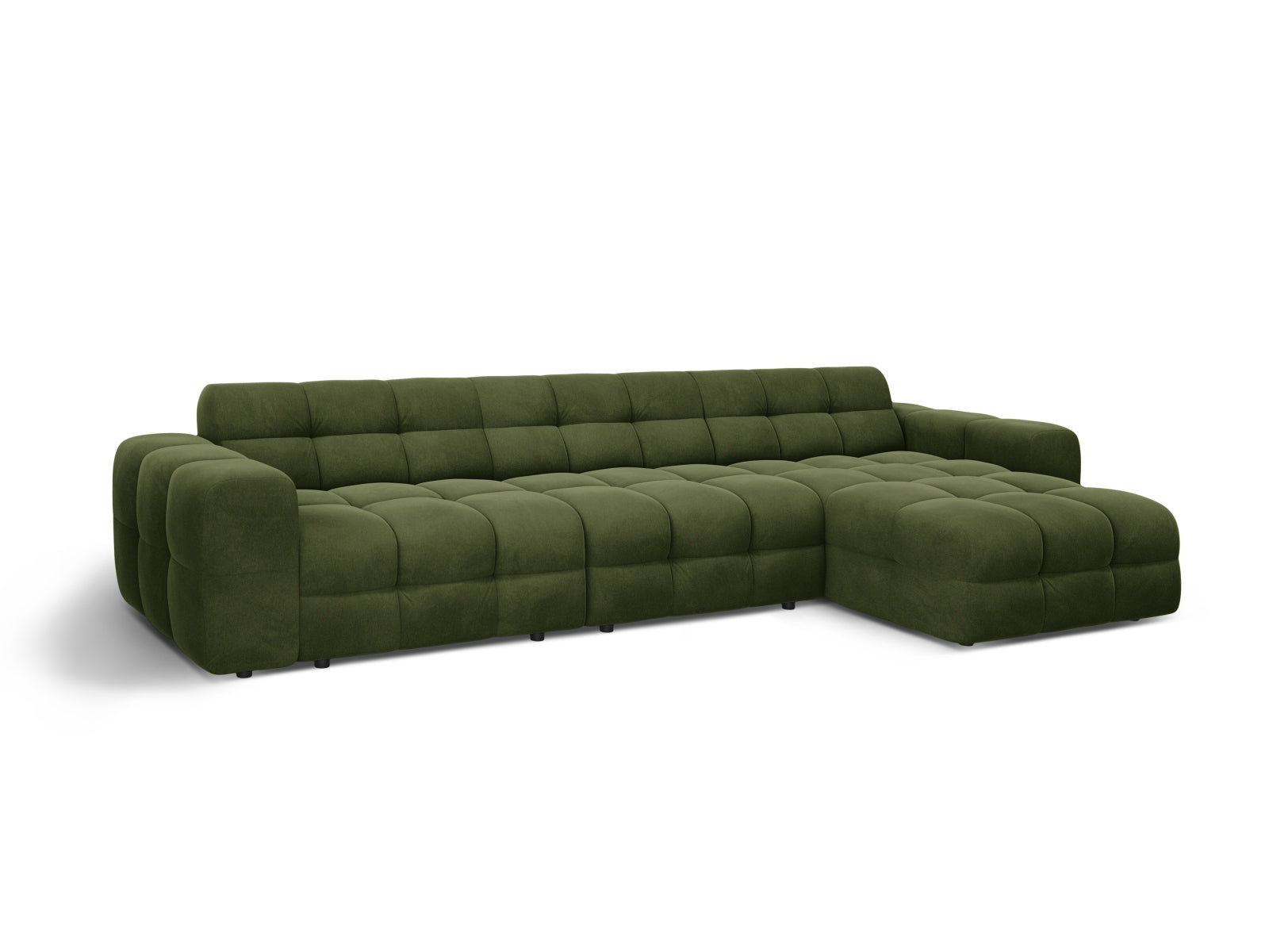 Modernes Kendal Velour Ecksofa in Army Green, 5-Sitzer, perfekt für gemütliche Wohnzimmer. Hochwertige Verarbeitung von Micadoni.