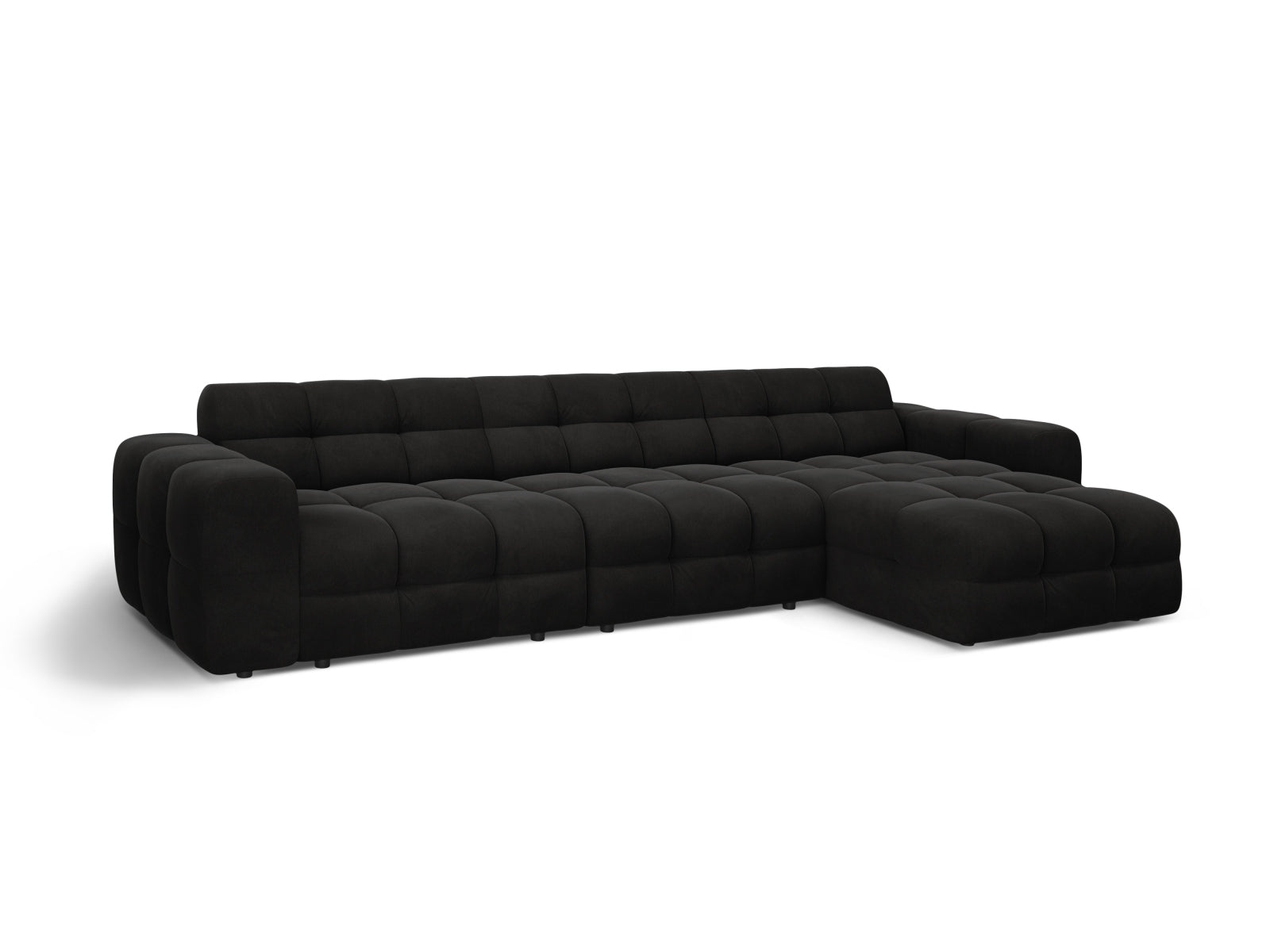 Modernes Kendal Velour Ecksofa in edlem Schwarz, 5-Sitzer, perfekt für gemütliche und stilvolle Wohnzimmer, erhältlich bei Micadoni.