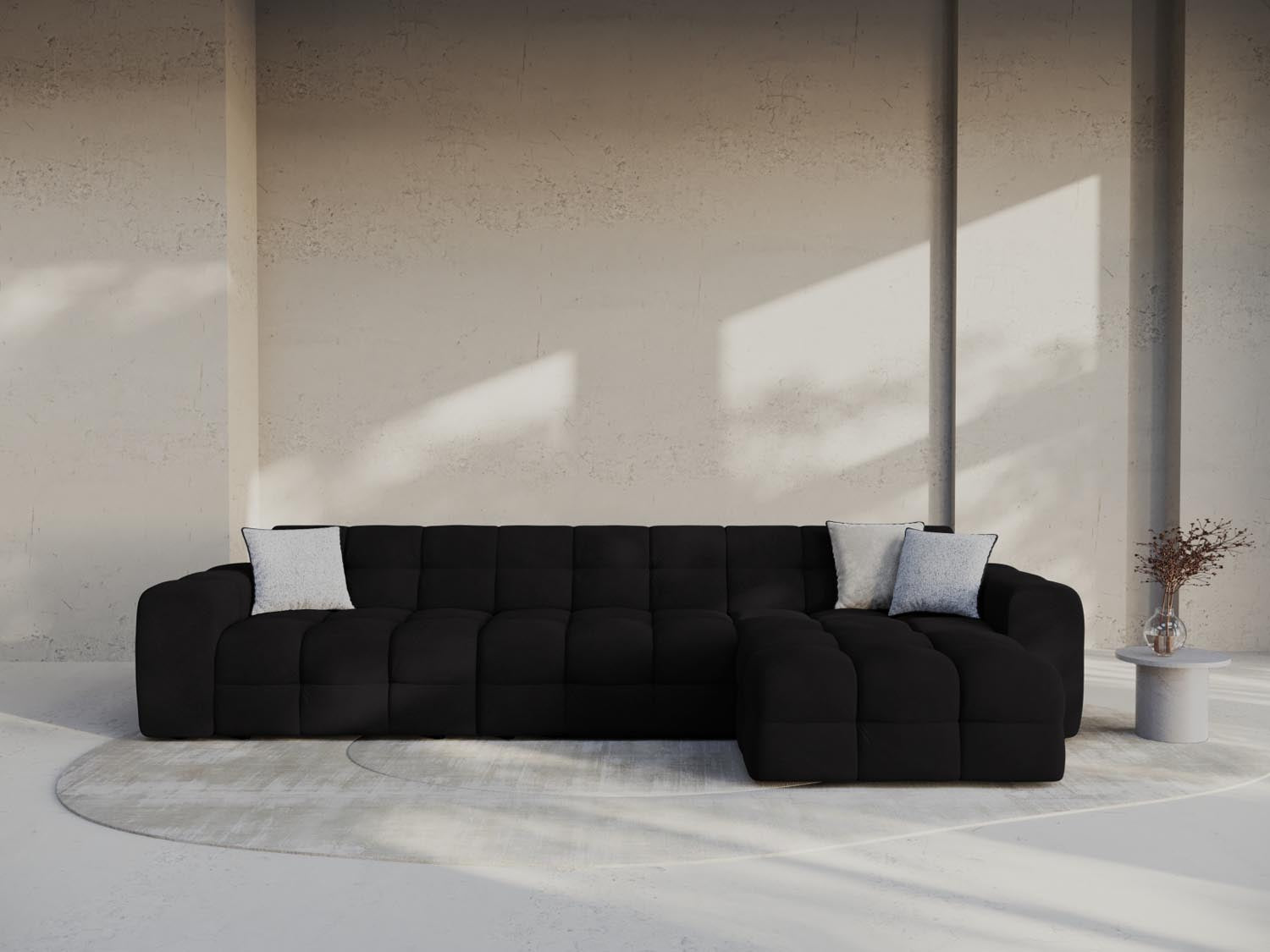 Elegantes Kendal Velour Ecksofa in Schwarz, 5-Sitzer, ideal für stilvolle Wohnräume, präsentiert von Micadoni.
