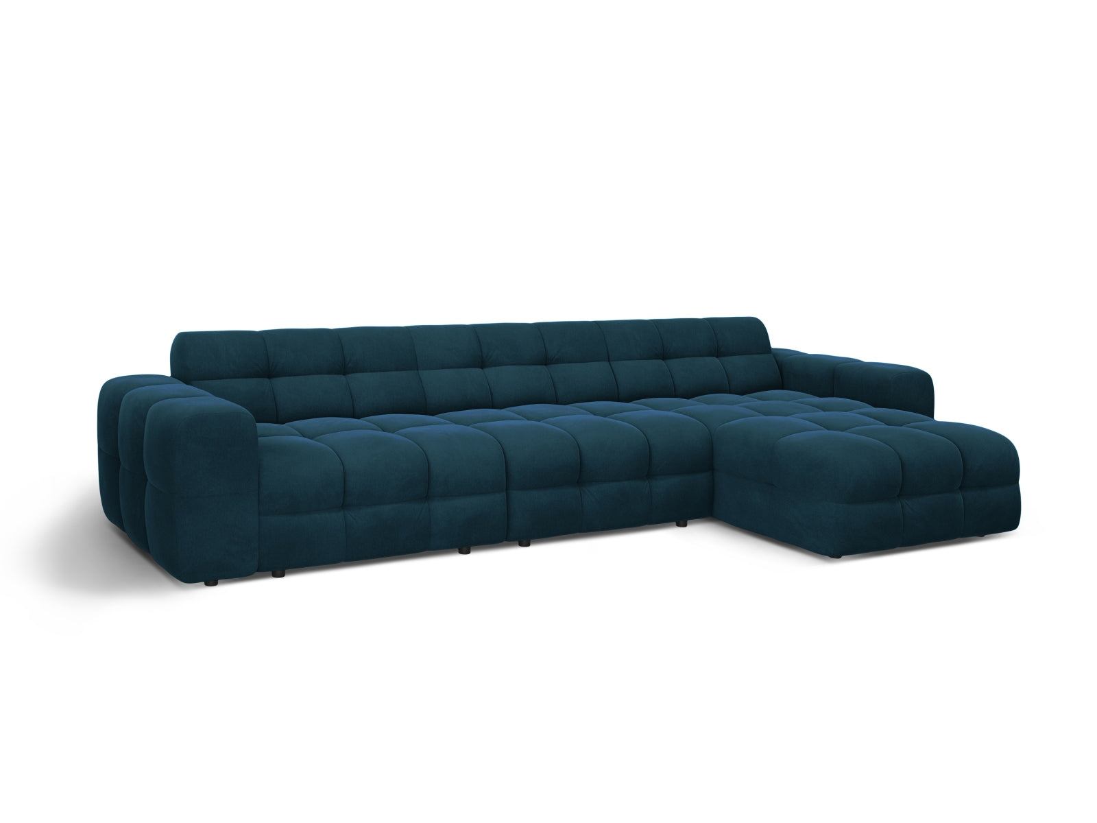 Modernes Kendal Velour Ecksofa in edlem Navy Blue, 5-Sitzer, perfekt für gemütliche Wohnzimmer. Robustes Material für langanhaltenden Komfort.