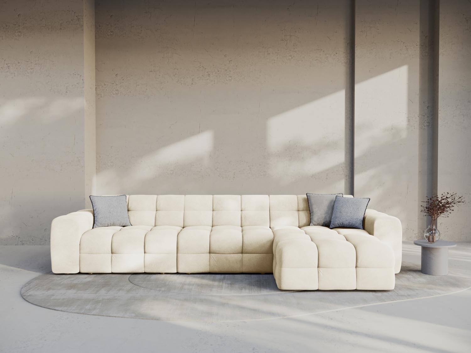 Elegantes Kendal Velour Ecksofa in Ivory, 5-Sitzer, ideal für stilvolle Wohnräume. Hochwertiges Design von Micadoni.