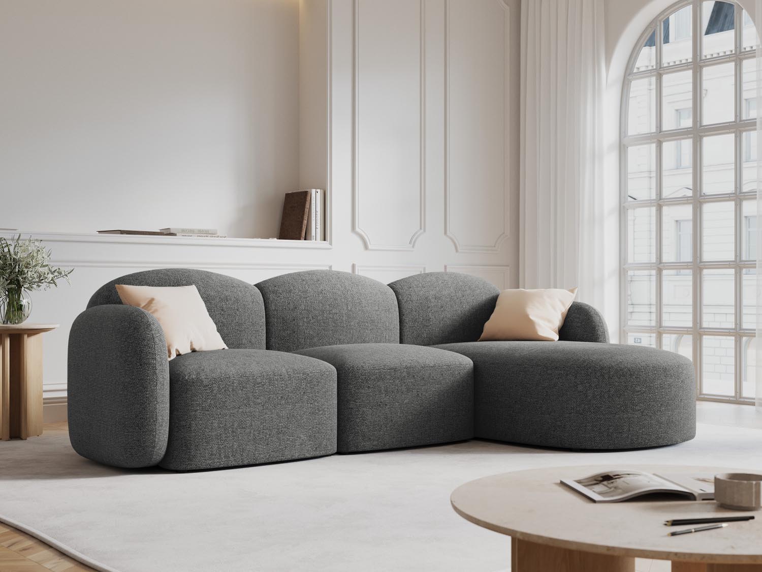 Entdecken Sie das stilvolle Blair Ecksofa rechts 4 Sitzer von Micadoni. Luxuriöser Velours, zeitgemässes Design und unvergleichlicher Komfort für Ihr Wohnzimmer.
