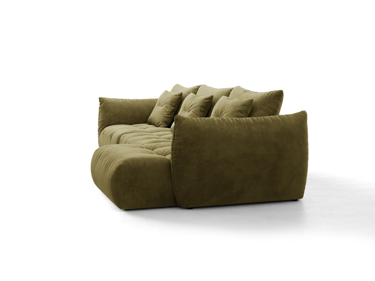 Beiges L-Sofa rechts Bloom von Micadoni mit Veloursstoff-Bezug Casino Pearl, schwarzen Kunststoffbeinen und sichtbarem Staufach unter der Sitzfläche.