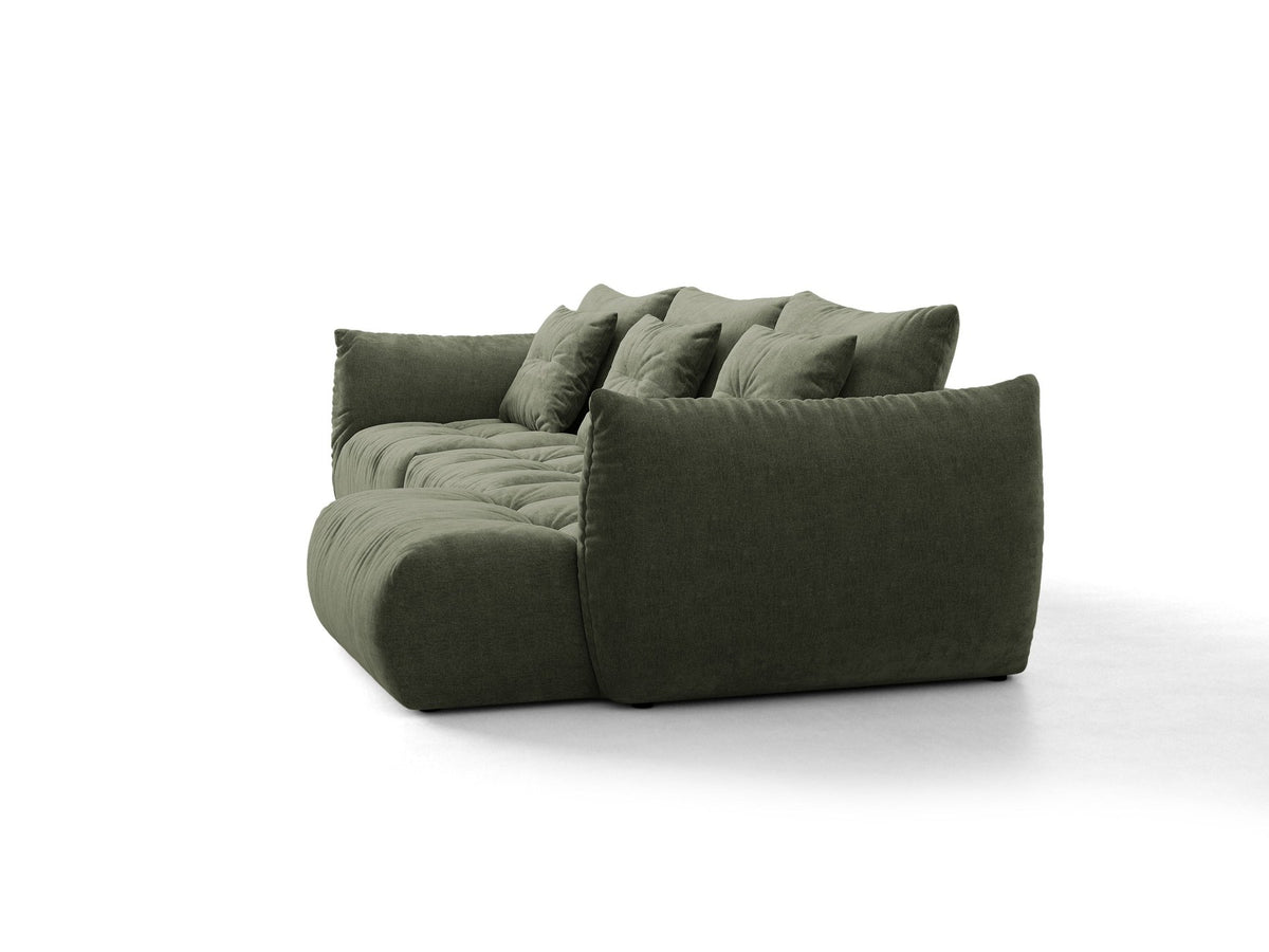 Beiges L-Sofa rechts Bloom von Micadoni mit Veloursstoff-Bezug Casino Pearl, schwarzen Kunststoffbeinen und sichtbarem Staufach unter der Sitzfläche.