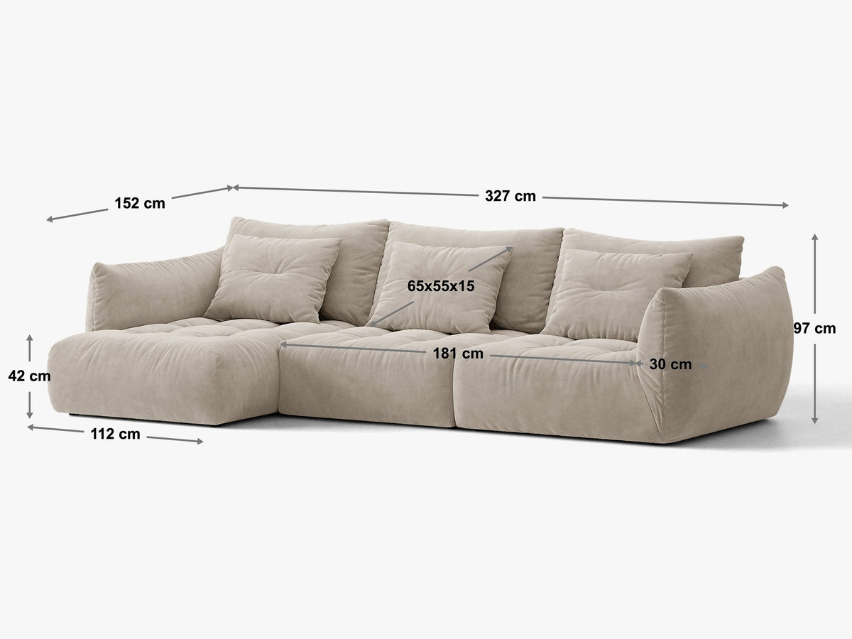 Beiges L-Sofa rechts Bloom von Micadoni mit Veloursstoff-Bezug Casino Pearl, schwarzen Kunststoffbeinen und sichtbarem Staufach unter der Sitzfläche.