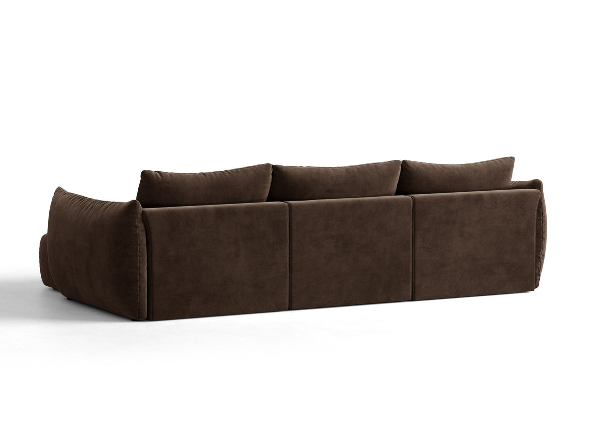 Beiges L-Sofa rechts Bloom von Micadoni mit Veloursstoff-Bezug Casino Pearl, schwarzen Kunststoffbeinen und sichtbarem Staufach unter der Sitzfläche.