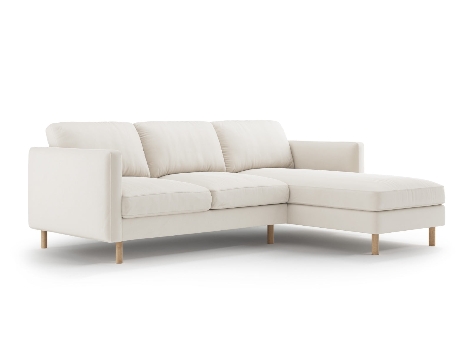Elegantes Eden Velour Ecksofa rechts, 3-Sitzer in stilvollem Beige, ideal für moderne Wohnräume. Hochwertige Verarbeitung von Micadoni.