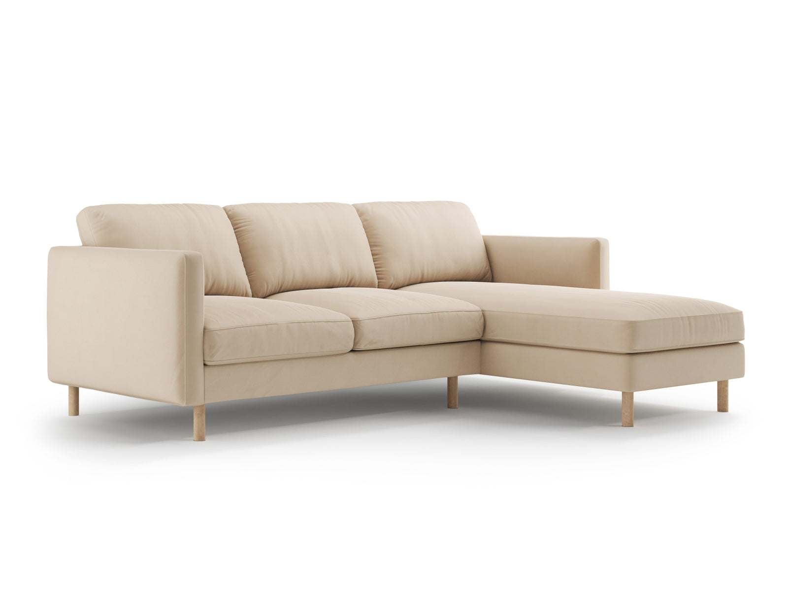 Elegantes Eden Velour Ecksofa rechts, 3-Sitzer in sanftem Nude-Paris, ideal für stilvolle Wohnräume, erhältlich bei KAQTU Design AG.