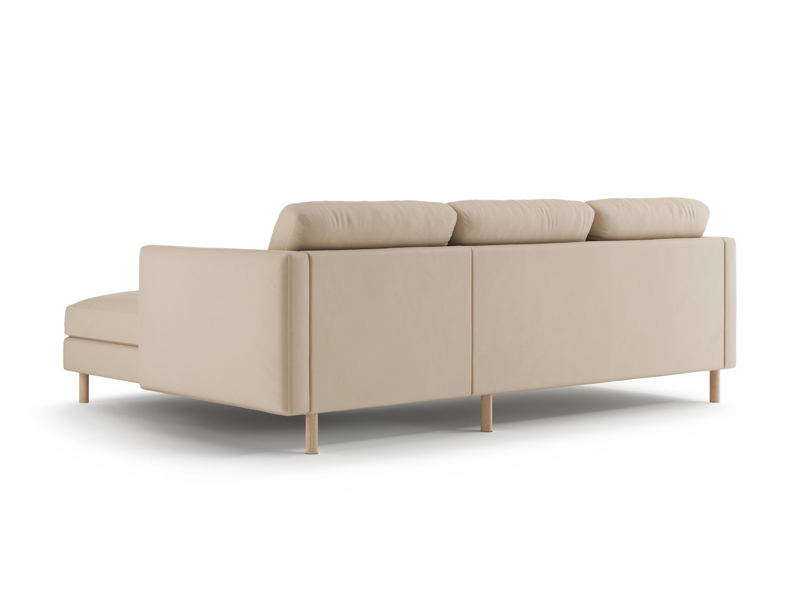 Modernes 3-Sitzer Eden Velour Ecksofa rechts in zartem Nude-Paris, perfekt für gemütliche und stilvolle Wohnambiente.