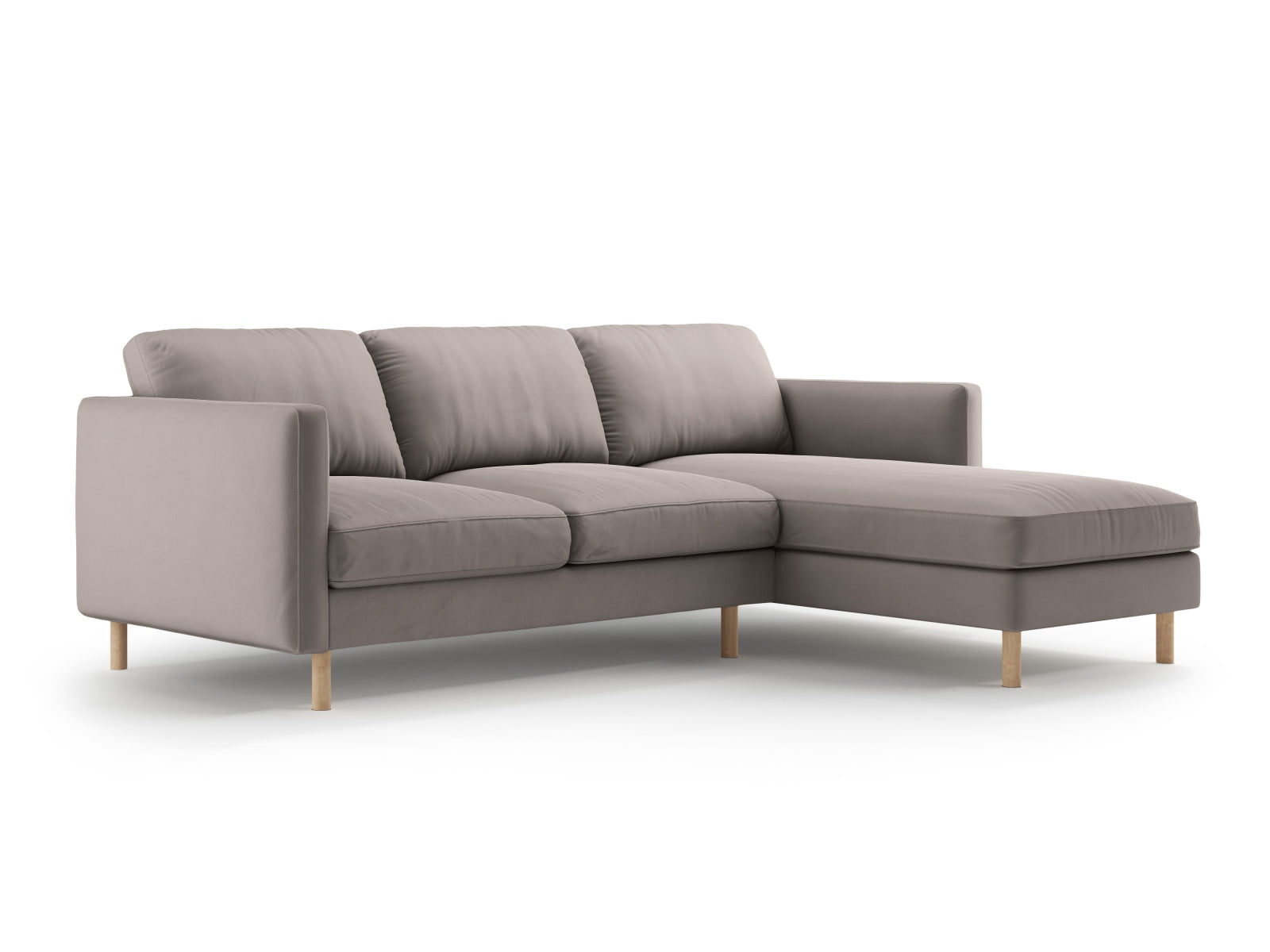 Elegantes Eden Velour Ecksofa rechts, 3-Sitzer in warmem Grau, ideal für stilvolle Wohnräume. Hochwertige Verarbeitung von Micadoni.