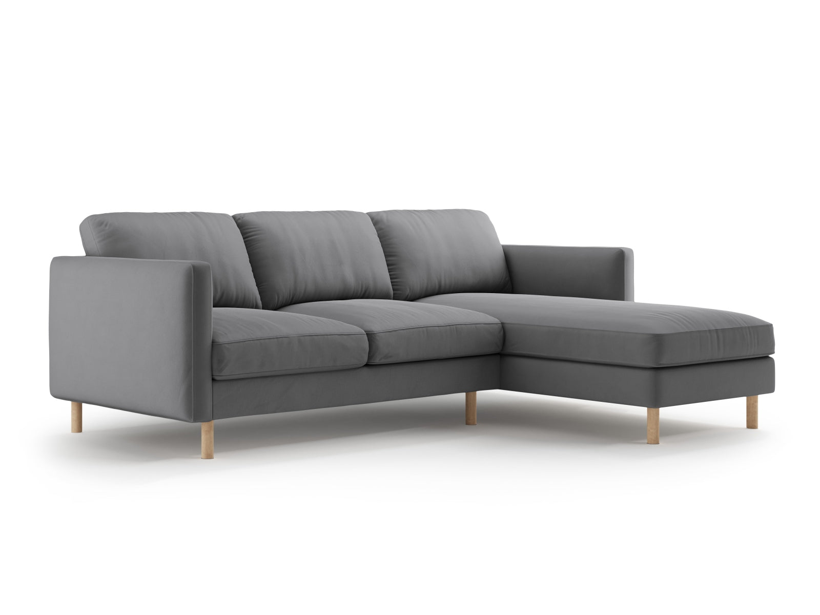 Elegantes Eden Velour Ecksofa rechts, 3-Sitzer in stilvollem Grau, ideal für moderne Wohnräume. Hochwertige Verarbeitung von Micadoni.
