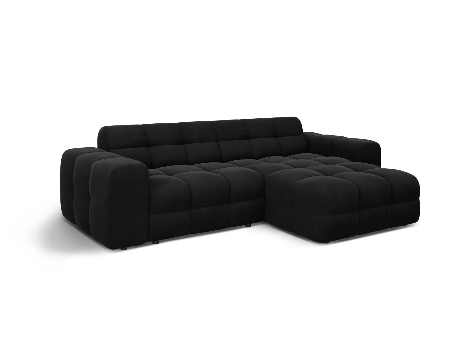 Modernes Kendal Velour Ecksofa in edlem Schwarz, bietet Platz für 4 Personen und verleiht jedem Raum eine stilvolle Note.