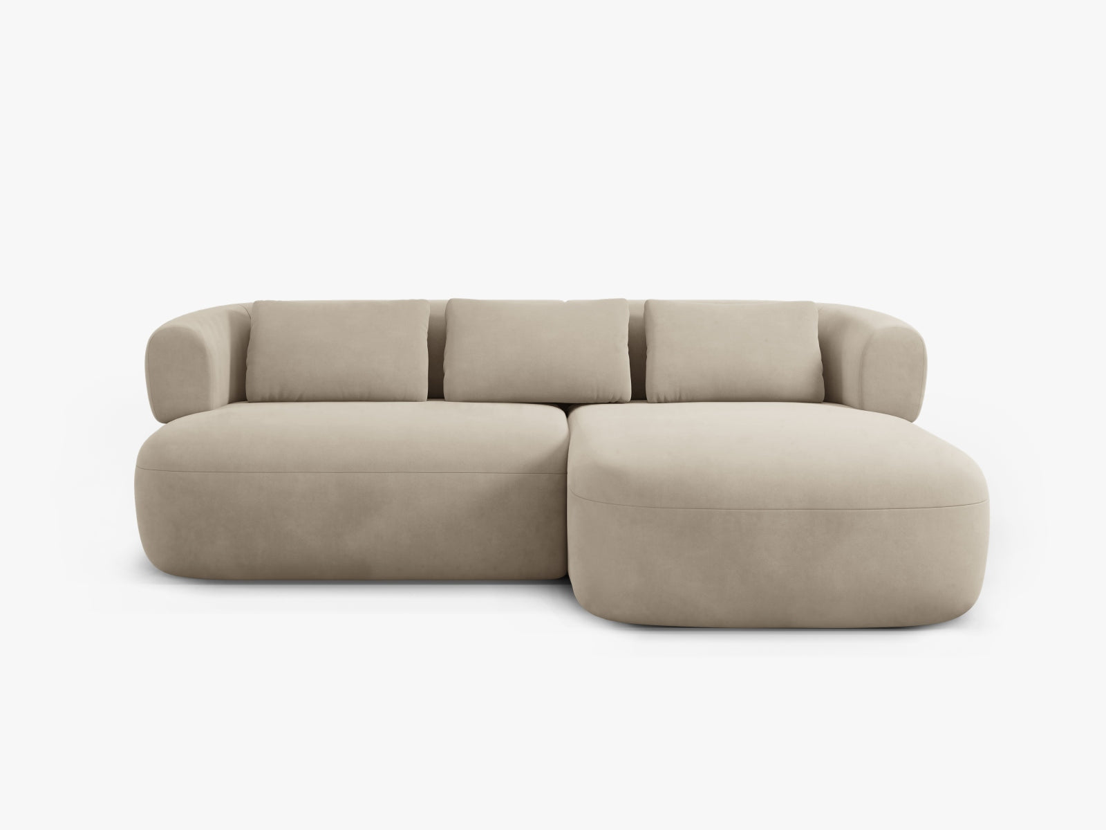Elegantes, beiges Velours Ecksofa Jenny, 5-Sitzer, rechts, vereint zeitgemäßes Design mit gemütlicher Sitzfläche für Ihr Wohnambiente.