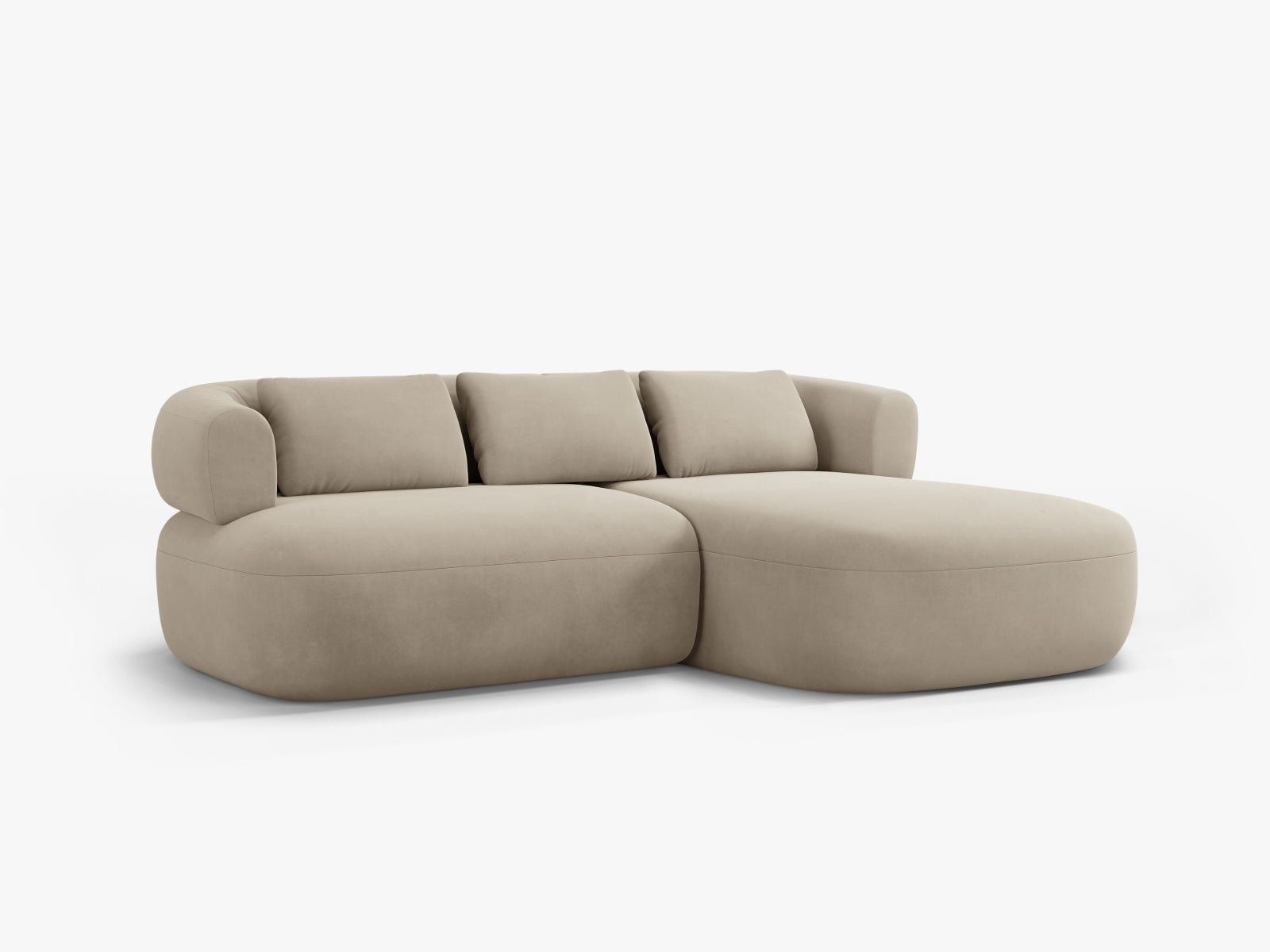 Beiges Velours Ecksofa Jenny, 5-Sitzer, rechts, bietet stilvolle Eleganz und hohen Komfort für Ihr modernes Wohnzimmer.