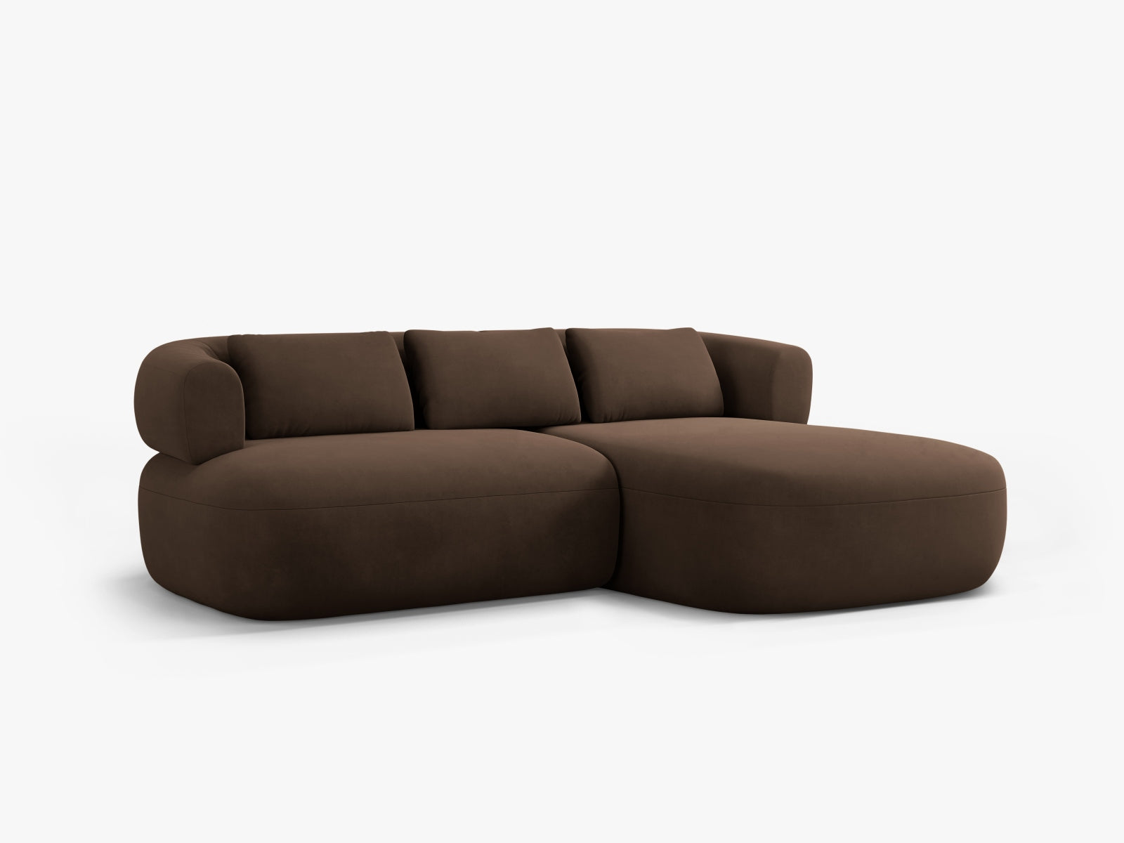 Modernes 5-Sitzer Ecksofa Jenny in hochwertigem Velours, rechtsseitig, in edlem Chocolate-Salvador, perfekt für gemütliche und stilvolle Wohnzimmer.