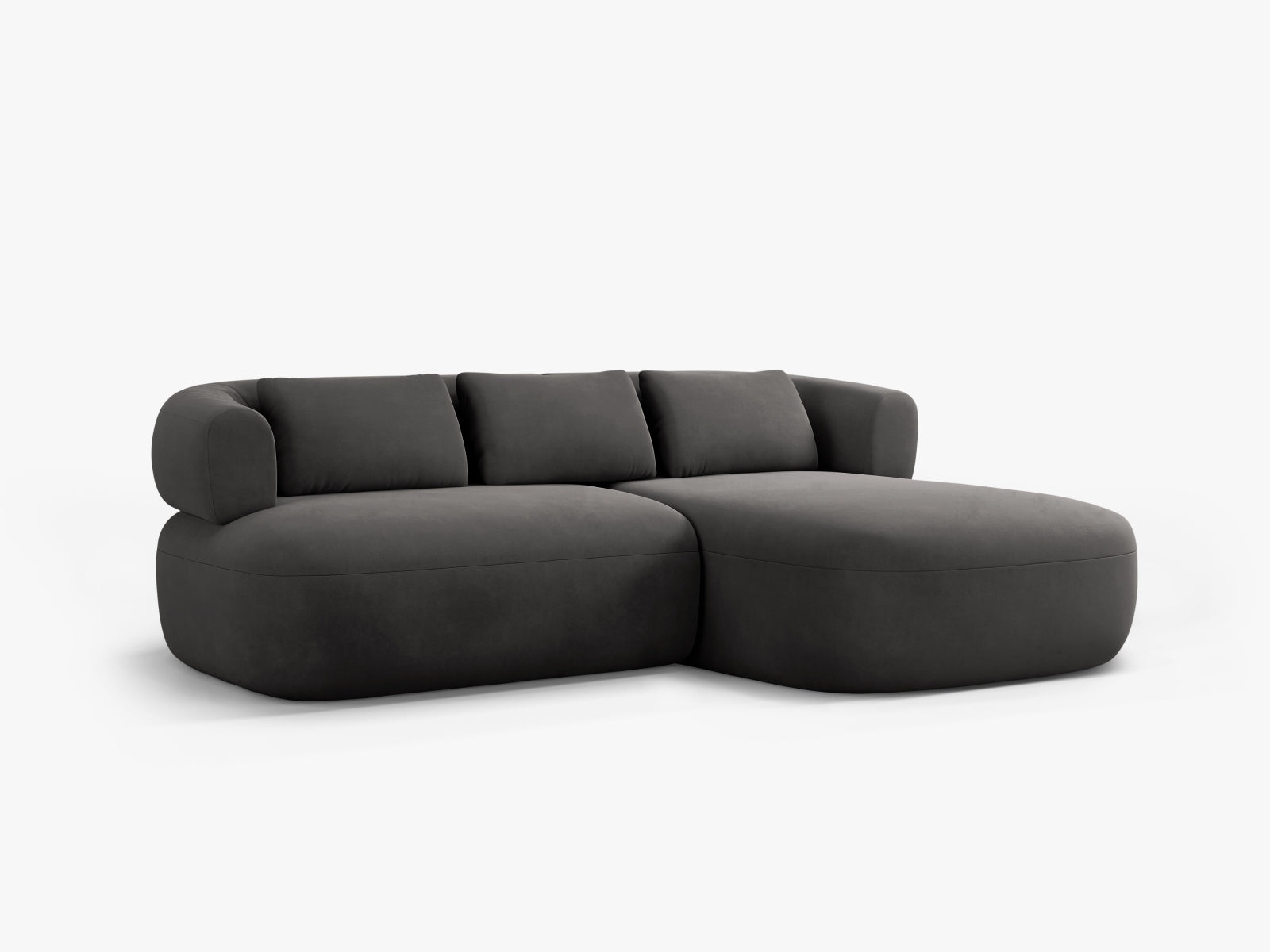 Modernes 5-Sitzer Ecksofa Jenny in edlem Dunkelgrau aus Velours, rechtsseitig, perfekt für stilvolle und komfortable Wohnbereiche.