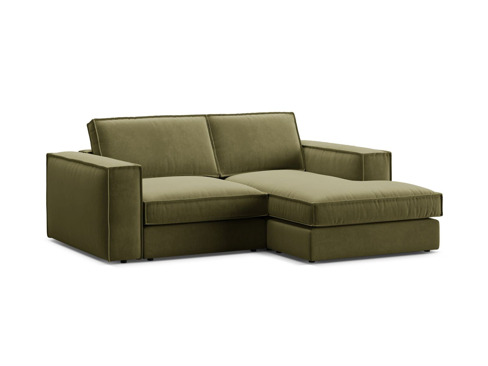 Modernes 2-Sitzer Ecksofa rechts Pola in Green-Salvador, ideal für komfortable Wohnräume und entspannte Stunden, erhältlich bei KAQTU.