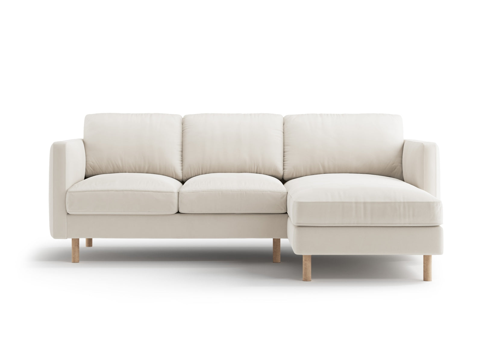 Elegantes, beiges Velour Ecksofa Eden von Micadoni, 3-Sitzer, rechts, ideal für stilvolle Wohnräume und gemütliche Abende.