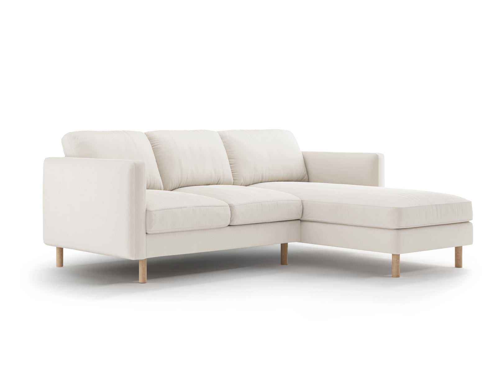 Beiges Velour Ecksofa Eden von Micadoni, 3-Sitzer, rechts, vereint Komfort und Stil für ein modernes Wohnambiente.