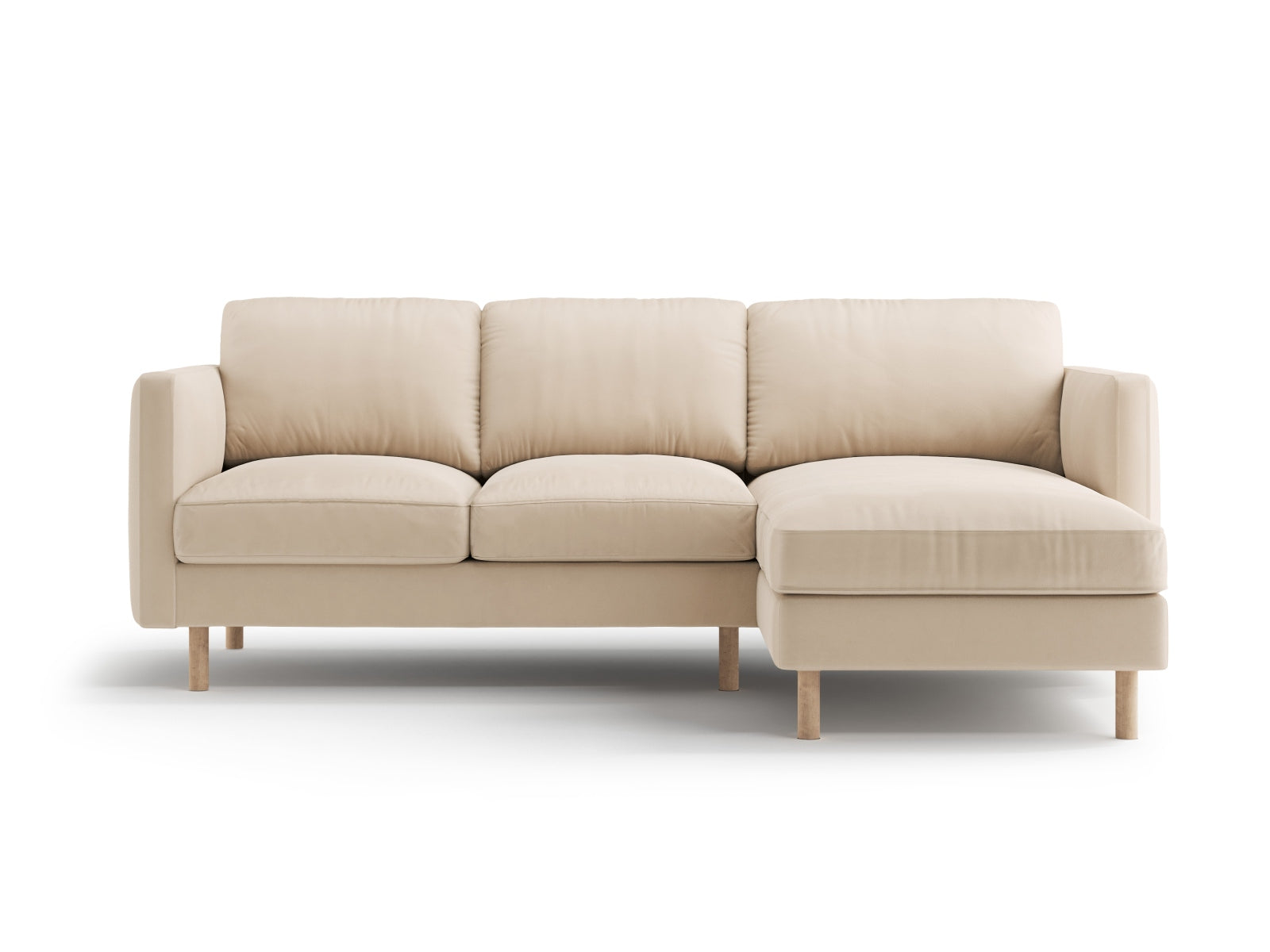 Elegantes Eden Velour Ecksofa rechts in sanftem Nude-Ton, ideal für entspannte Stunden und geschmackvolle Wohnräume.