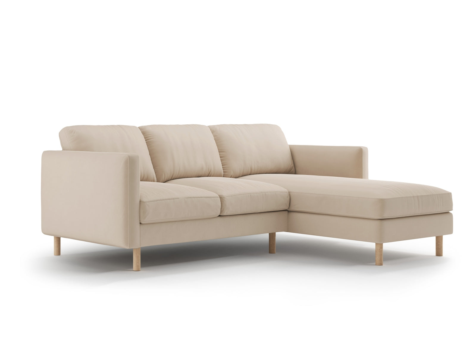 Stilvolles Eden Velour Ecksofa rechts in zartem Nude, perfekt für moderne Wohnzimmer und gemütliche Entspannungsecken.