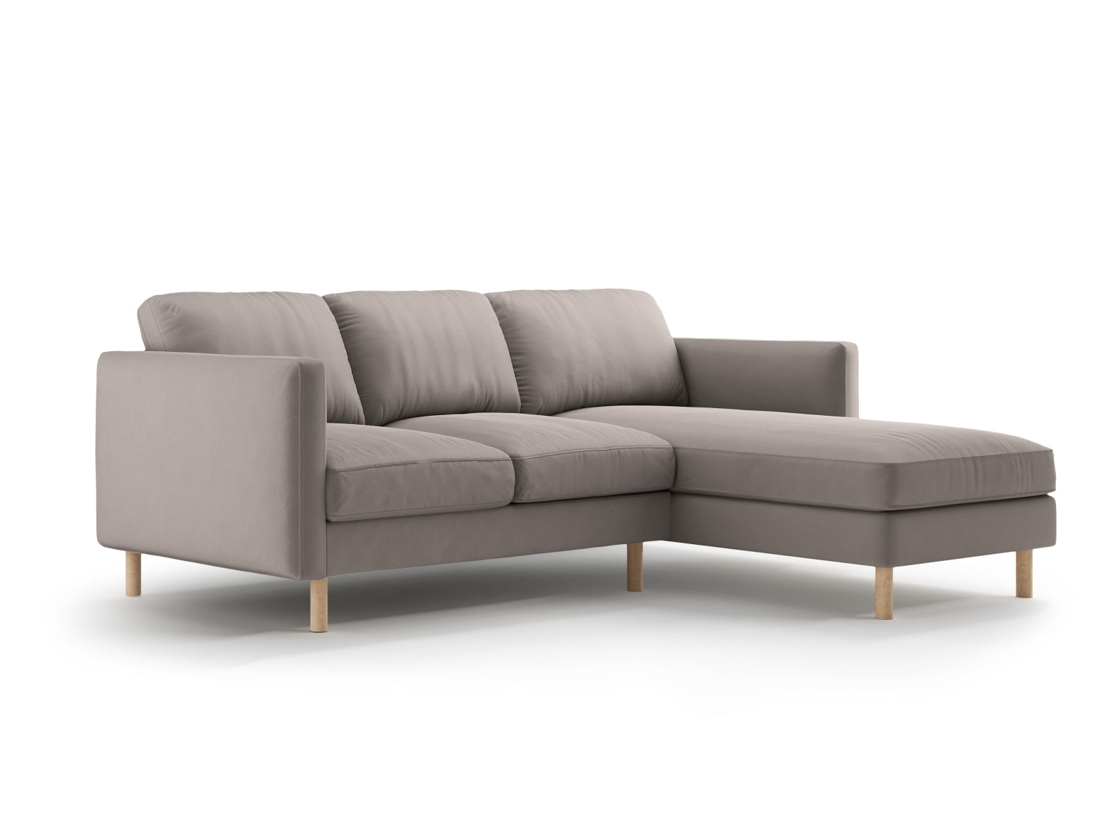 Modernes Eden Velour Ecksofa rechts in sanftem Grau, perfekt für gemütliche Abende und stilvolle Einrichtung, von Micadoni.
