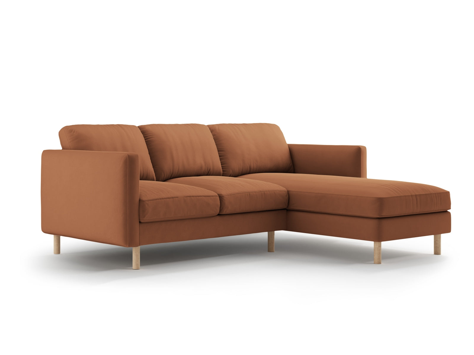 Stilvolles Ecksofa Eden in Velours, 3-Sitzer, rechtsseitig, perfekt für einladende Wohnräume und zeitgemäße Einrichtung.