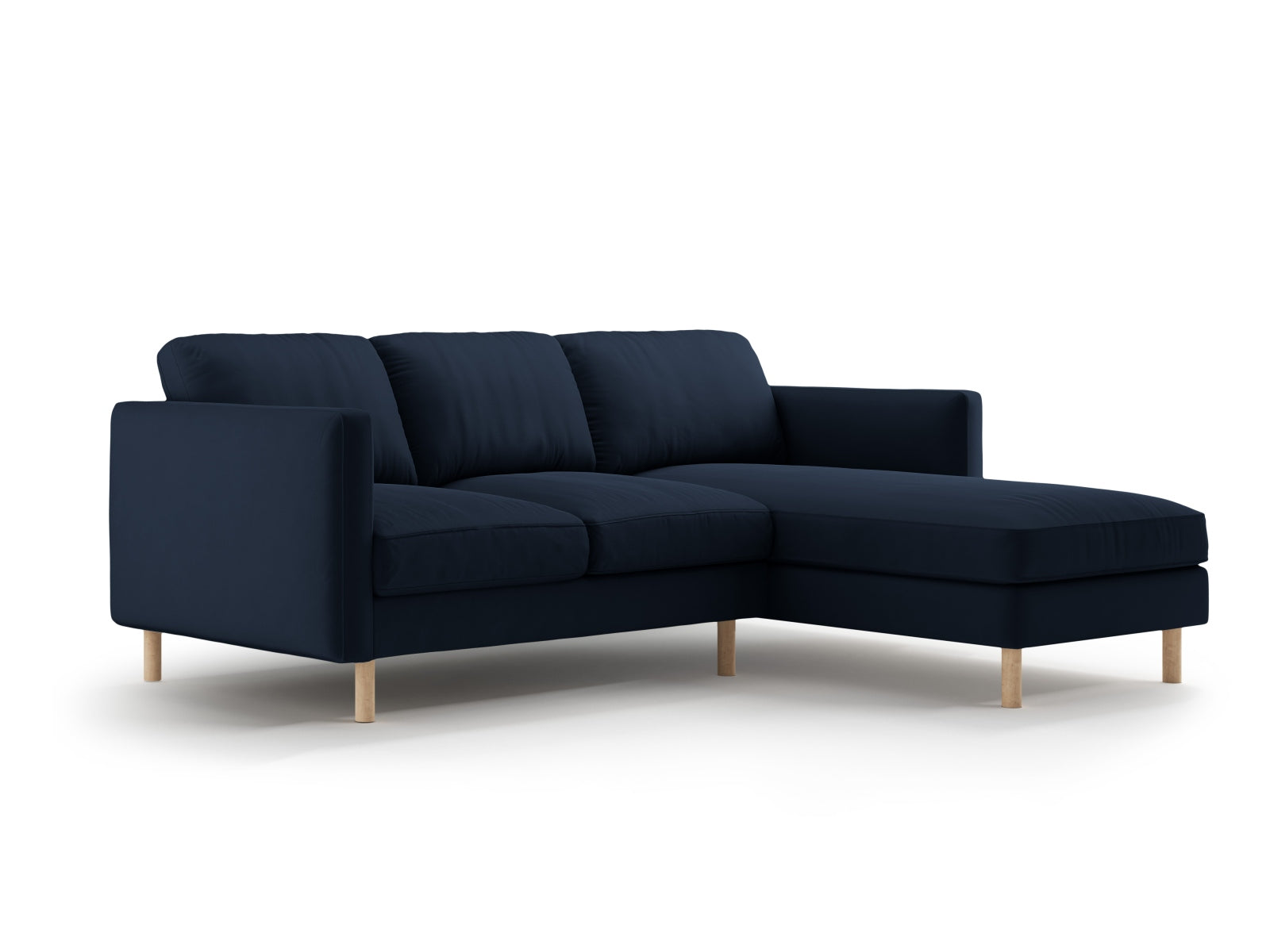 Stilvolles 3-Sitzer Ecksofa Eden in edlem Velours, rechtsseitig, in einem ansprechenden Blauton, ideal für zeitgemäße Inneneinrichtungen.