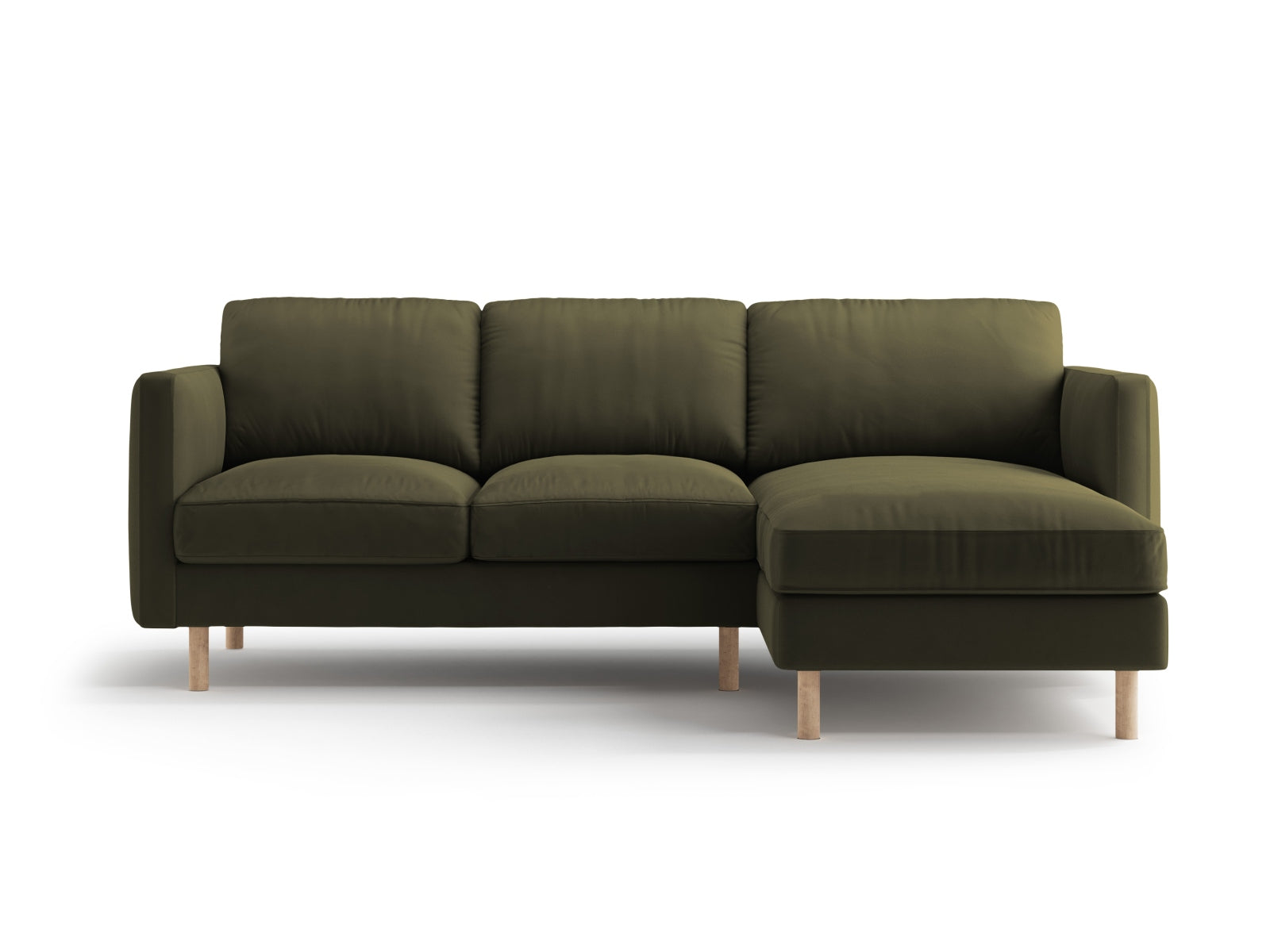 Elegantes 3-Sitzer Ecksofa Eden Velour in luxuriösem Moosgrün, ideal für stilvolle Wohnräume und entspannte Stunden.