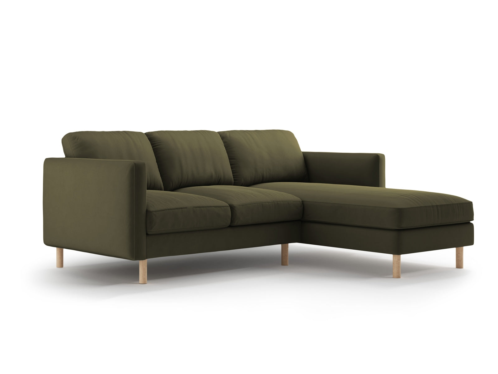 Modernes L-Sofa Eden Velour in edlem Moosgrün, perfekt für gemütliche Abende und stilvolle Einrichtungsideen.