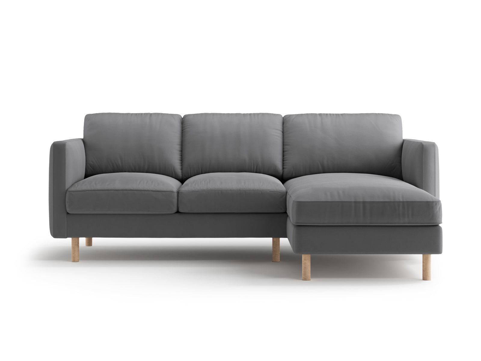Elegantes Eden Velour Ecksofa rechts in dezentem Grau, ideal für stilvolle Wohnräume. Hochwertige Materialien und modernes Design von Micadoni.