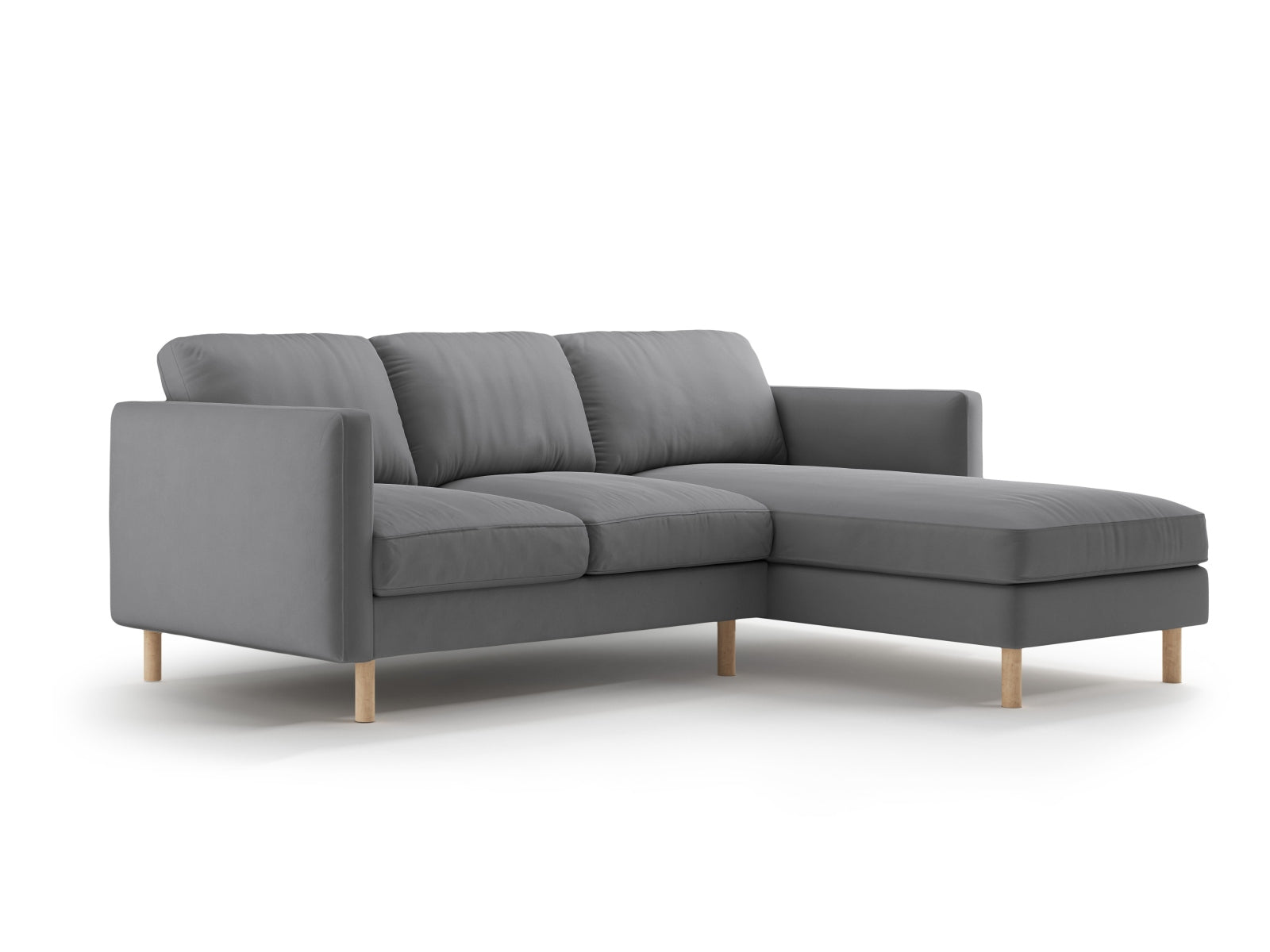 Modernes Eden Velour Ecksofa rechts in sanftem Grau, perfekt für gemütliche Wohnzimmer. Hochwertige Verarbeitung und zeitgemäßes Design von Micadoni.