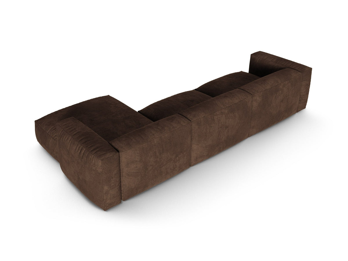 Ecksofa rechts Martina XL von Micadoni in Schokolade-Veloursstoff mit Polypropylen-Beinen, Masse 330x176x75 cm.