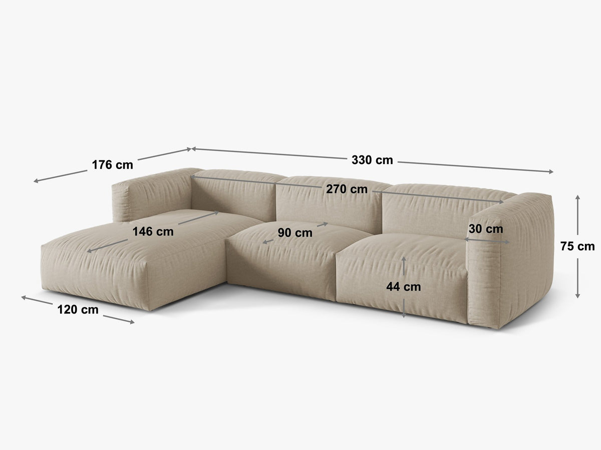 Ecksofa rechts Martina XL von Micadoni in Schokolade-Veloursstoff mit Polypropylen-Beinen, Masse 330x176x75 cm.