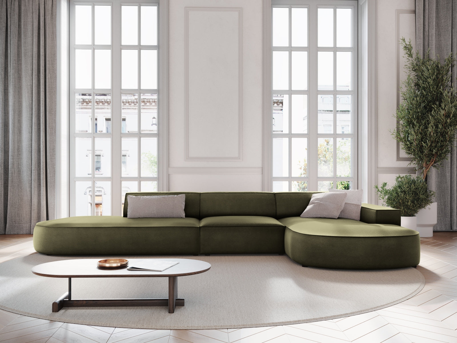 Entdecken Sie das elegante Jodie Velour Ecksofa rechts von Micadoni – ein 4-Sitzer für stilvolle Wohnräume, bequem und individuell gestaltbar.