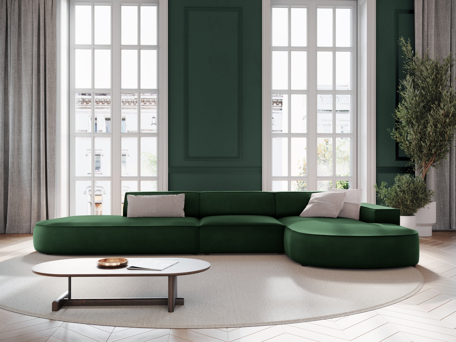Entdecken Sie das elegante Jodie Velour Ecksofa rechts von Micadoni – ein 4-Sitzer für stilvolle Wohnräume, bequem und individuell gestaltbar.