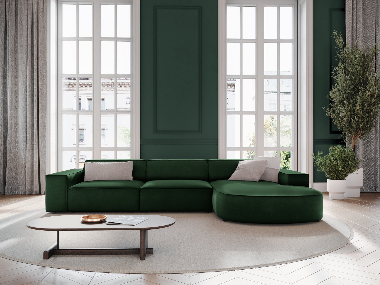Entdecken Sie das elegante Jodie Velour Ecksofa rechts von Micadoni – ein 4-Sitzer für stilvolle Wohnräume, bequem und individuell gestaltbar.