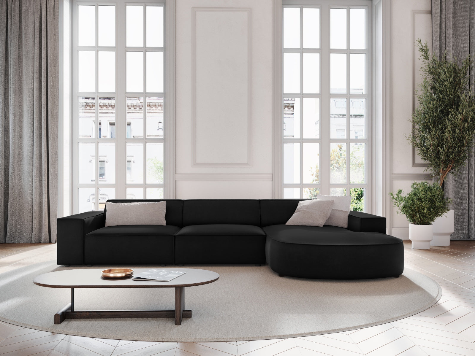 Entdecken Sie das elegante Jodie Velour Ecksofa rechts von Micadoni – ein 4-Sitzer, der Komfort und Stil in Ihr Wohnzimmer bringt.