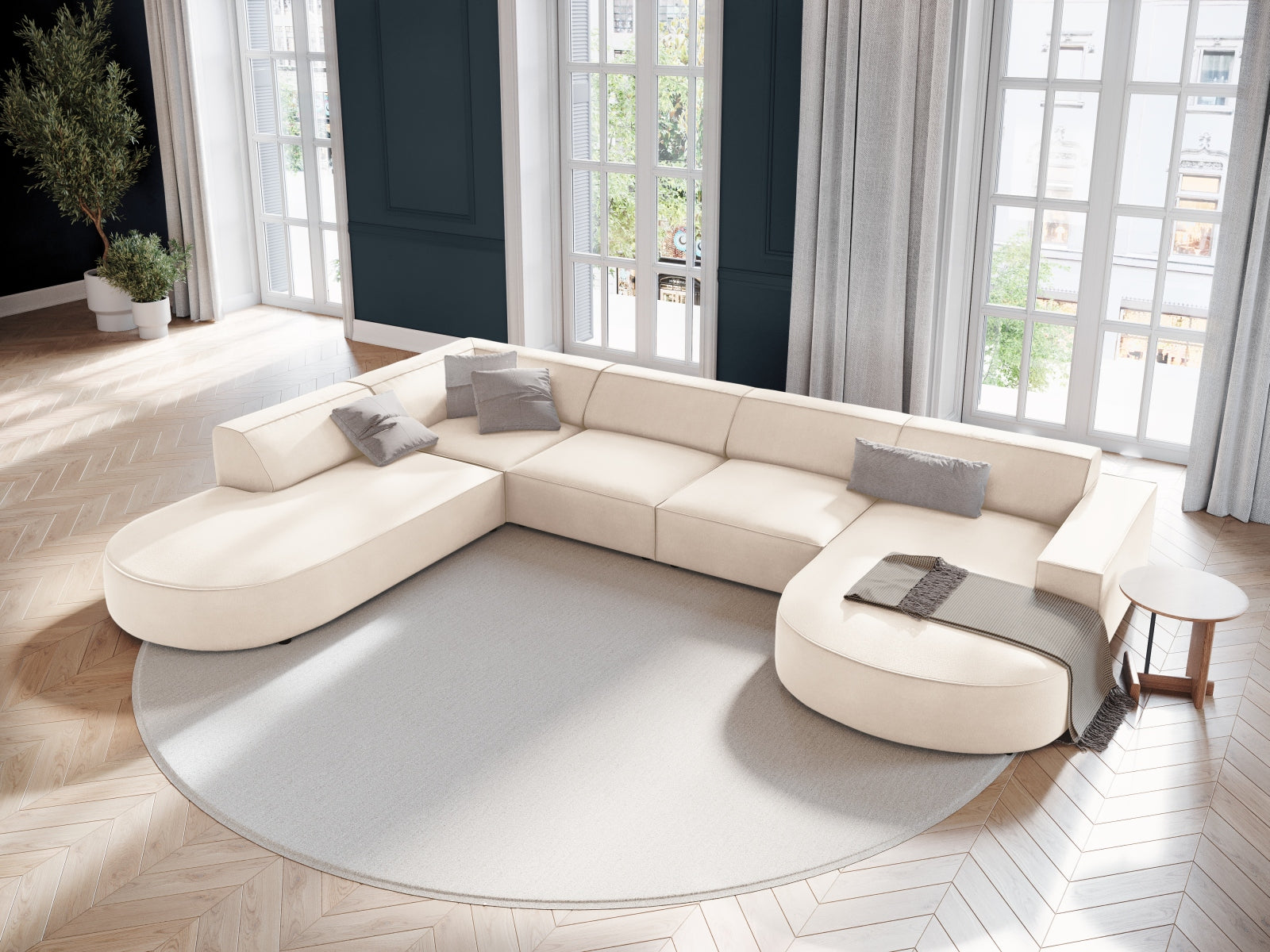 Entdecken Sie das elegante Jodie Velour 7-Sitzer Ecksofa links von Micadoni. Modulares Design, hoher Komfort und stilvolle Farben für Ihr Zuhause.