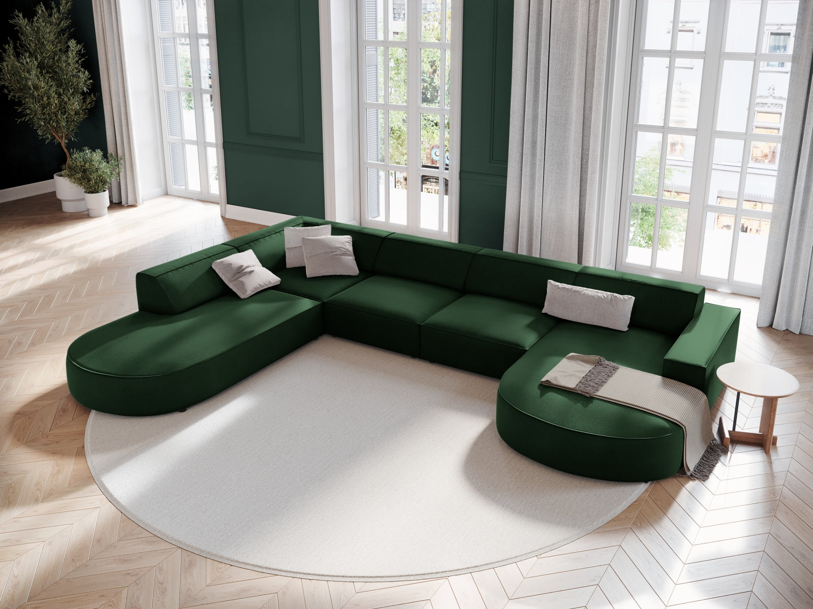 Entdecken Sie das elegante Jodie Velour 7-Sitzer Ecksofa links von Micadoni. Luxuriöser Velours, modulares Design und optimaler Komfort für Ihr Zuhause.
