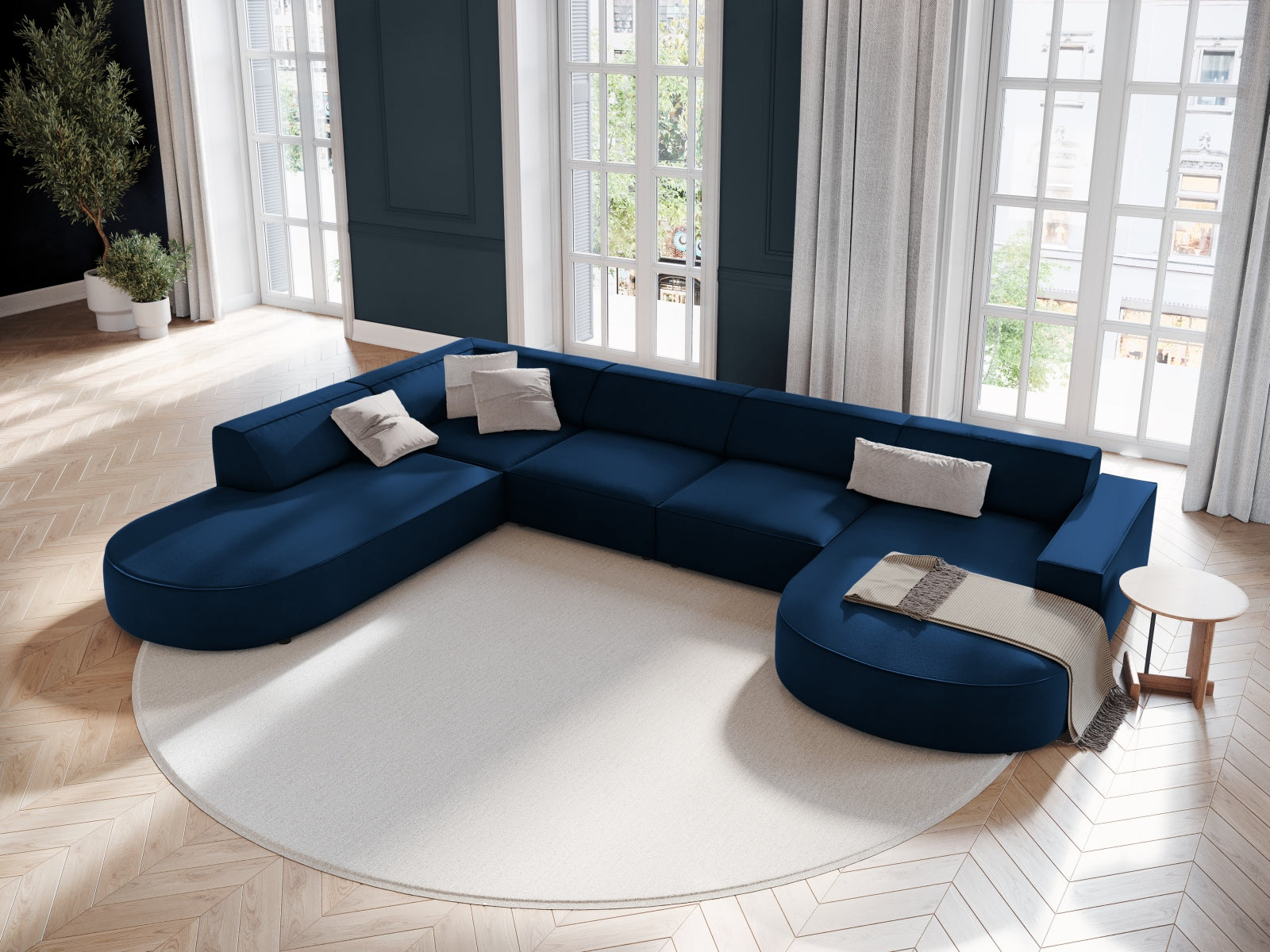 Entdecken Sie das elegante Jodie Velour 7-Sitzer Ecksofa links von Micadoni. Modulares Design, hoher Komfort und stilvolle Farben für Ihr Zuhause.