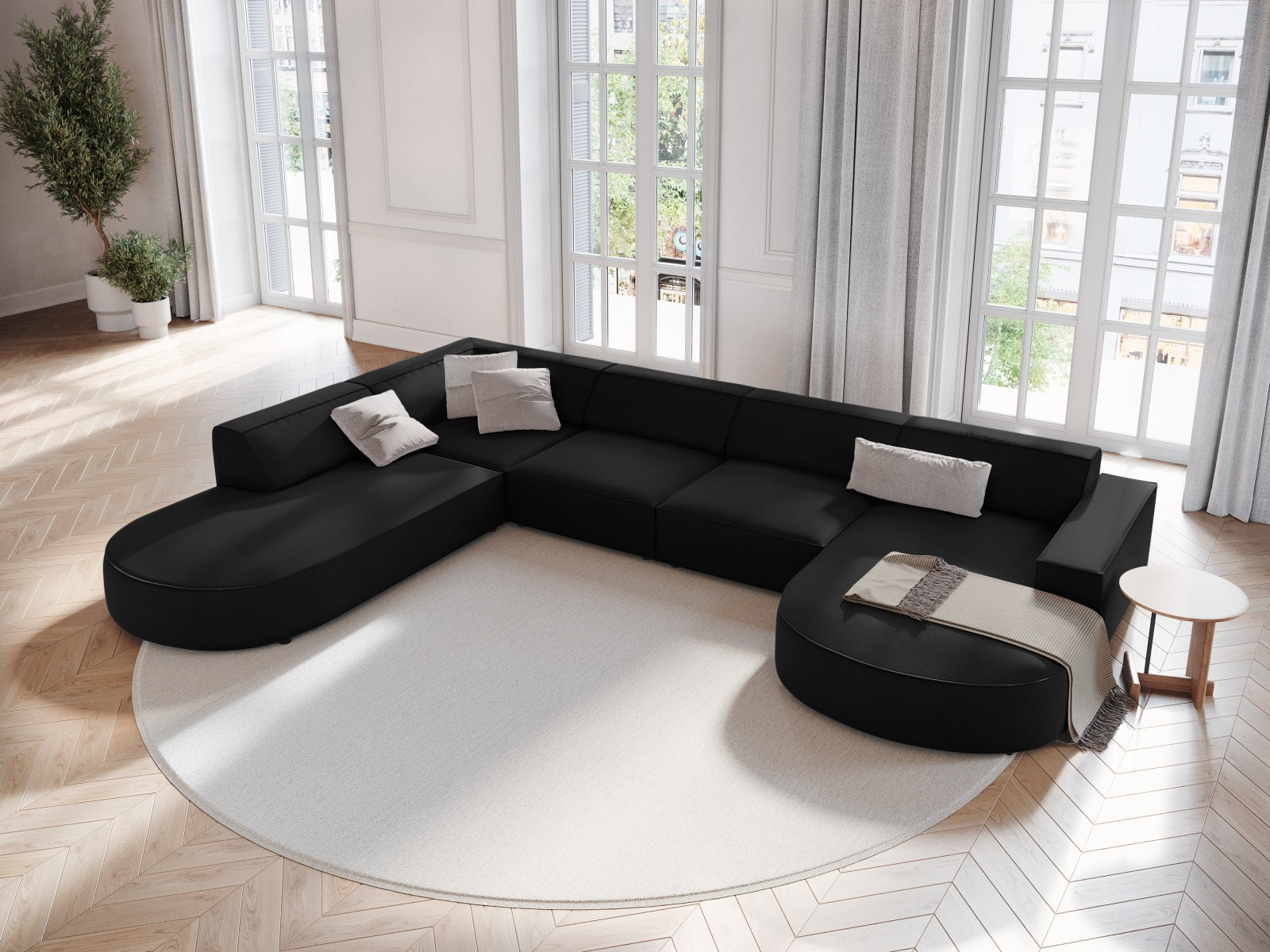 Entdecken Sie das elegante Jodie Velour 7-Sitzer Ecksofa links von Micadoni. Modulares Design, hoher Komfort und stilvolle Farben für Ihr Zuhause.