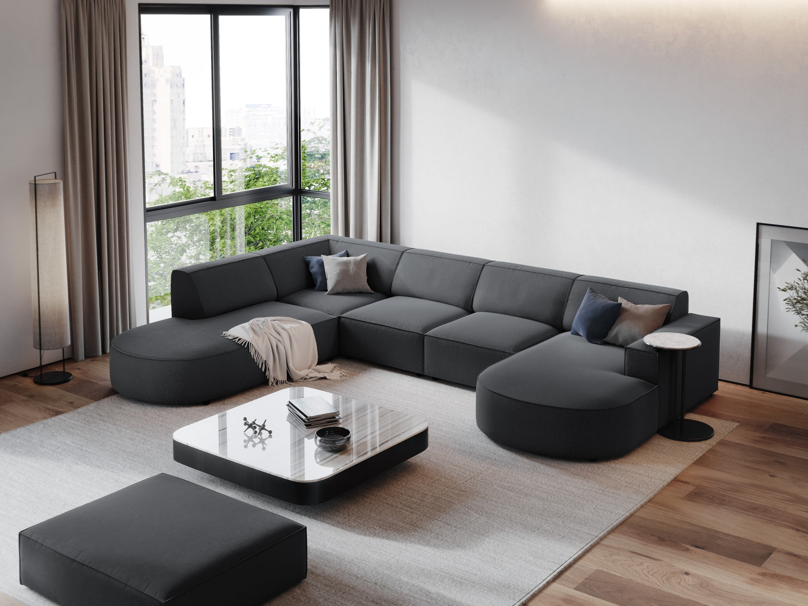 Entdecken Sie das stilvolle Jodie 7-Sitzer Ecksofa von Micadoni – modular, komfortabel und perfekt für Ihr modernes Wohnzimmer!