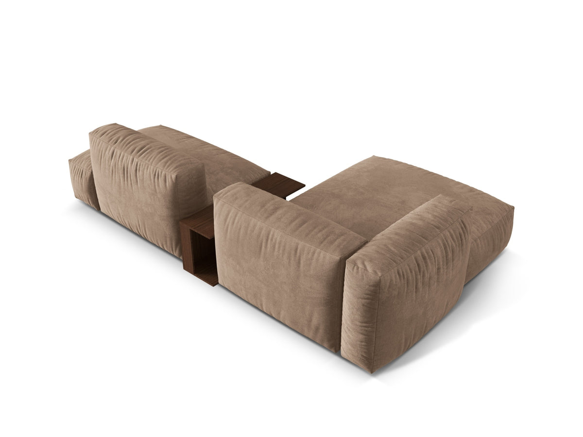 Elegantes Martina Ecksofa links mit zwei Sitzplätzen und integriertem Beistelltisch in modernem Dunkelbeige, ideal für stilvolle Wohnräume.
