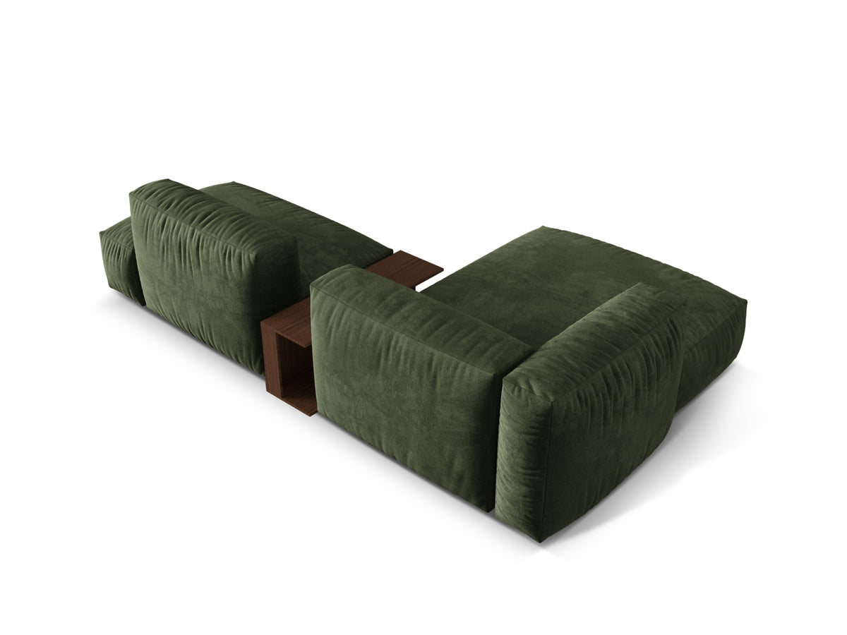 Elegantes Martina Ecksofa links mit zwei Sitzen und integriertem Beistelltisch in modernem Green-Vogue, ideal für stilvolle Wohnräume.