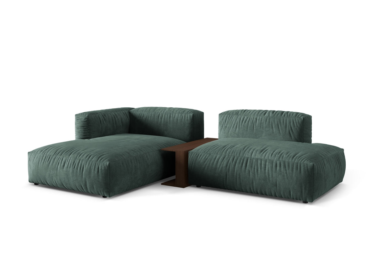 Elegantes Martina Ecksofa links mit 2 Sitzen und integriertem Beistelltisch in stilvollem Petrol-Vogue, ideal für moderne Wohnräume.