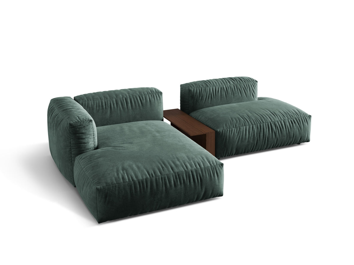 Stylisches Martina L-Sofa links mit 2 Sitzen und praktischem Beistelltisch in edlem Petrol-Vogue, perfekt für zeitgemäße Einrichtungskonzepte.