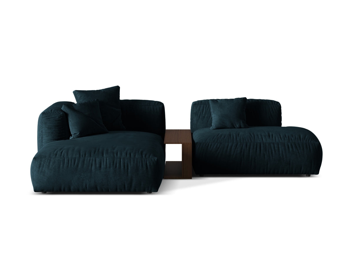 Modernes Martina Ecksofa links mit zwei Sitzen und praktischem Beistelltisch in edlem Dunkelbeige, perfekt für stilvolle Wohnkonzepte.