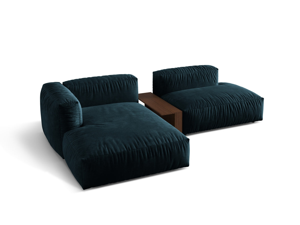 Stylisches Martina Ecksofa links mit zwei Sitzen und praktischem Beistelltisch in sanftem Dunkelbeige, perfekt für moderne Wohnkonzepte.