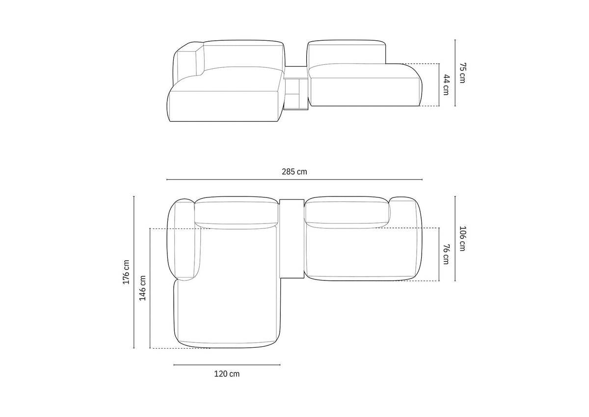 Modulares Ecksofa links Martina von Micadoni in Schokolade mit Veloursstoff-Bezug und schwarzen Kunststoffbeinen, Frontalansicht.